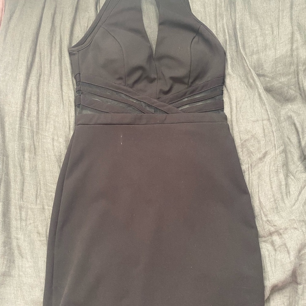 tight black bodycon dress with mesh cutouts